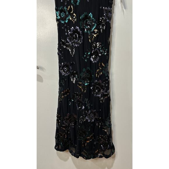 Betsy & Adam Black Floral Sequin Full Length Gown Size 4 NWT Teal Silver Roses - Picture 6 of 14